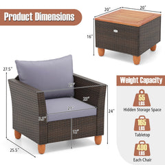 3 Piece Patio Rattan Set, 2 Single Sofas with Grey Cushions and a 20 in Acacia Flip Top Storage Side Table