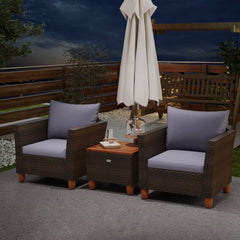 3 Piece Patio Rattan Set, 2 Single Sofas with Grey Cushions and a 20 in Acacia Flip Top Storage Side Table