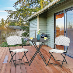 3 Piece Folding Patio Bistro Set, 2 White and Blue Woven Chairs Rated 330 lb and a 23.5 in Round Black Table, No Assembly