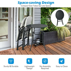 3 Piece Folding Patio Bistro Set, 2 White and Blue Woven Chairs Rated 330 lb and a 23.5 in Round Black Table, No Assembly