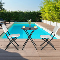 3 Piece Folding Patio Bistro Set, 2 White and Blue Woven Chairs Rated 330 lb and a 23.5 in Round Black Table, No Assembly