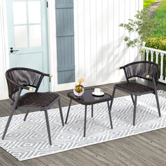 3 Piece Patio Bistro Set, 2 Rope Back Armchairs Rated 400 lb with Quick Dry Foam Woven Seats and an 18 in Glass Top Table