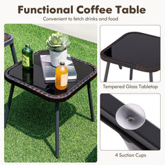 3 Piece Patio Bistro Set, 2 Rope Back Armchairs Rated 400 lb with Quick Dry Foam Woven Seats and an 18 in Glass Top Table