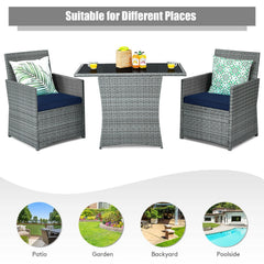 3 Piece Patio Wicker Dining Set, 2 Grey Armchairs Rated 350 lb with Navy Cushions that Tuck Under a 41 in Glass Top Table