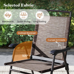 3 Piece Folding Patio Bistro Set, 2 Brown Sling Chairs Rated 330 lb and a 24 in Round Rippled Glass Table