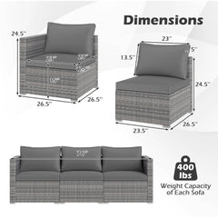 3 Piece Modular Patio Sectional Sofa Set, Grey PE Rattan Left Arm, Right Arm and Armless Seats, 76 Inch