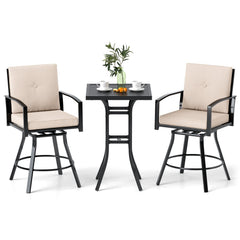 3 Pieces Patio Swivel Bar Set with Soft Cushions and Umbrella Hole-Beige