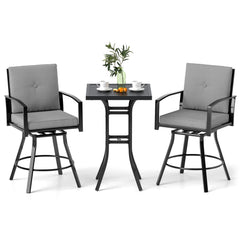 3 Pieces Patio Swivel Bar Set with Soft Cushions and Umbrella Hole-Gray
