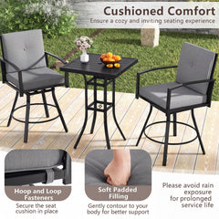 3 Pieces Patio Swivel Bar Set with Soft Cushions and Umbrella Hole-Gray