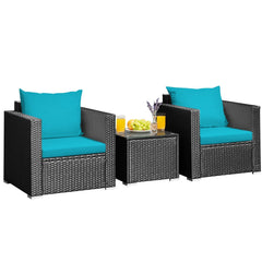 3 Piece Patio Rattan Sofa Set, 2 Black Wicker Sofas Rated 400 lb with Turquoise Cushions and 20 in Tempered Glass Coffee Table