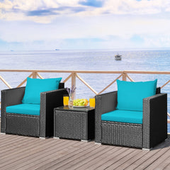 3 Piece Patio Rattan Sofa Set, 2 Black Wicker Sofas Rated 400 lb with Turquoise Cushions and 20 in Tempered Glass Coffee Table