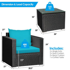3 Piece Patio Rattan Sofa Set, 2 Black Wicker Sofas Rated 400 lb with Turquoise Cushions and 20 in Tempered Glass Coffee Table