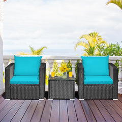 3 Piece Patio Rattan Sofa Set, 2 Black Wicker Sofas Rated 400 lb with Turquoise Cushions and 20 in Tempered Glass Coffee Table