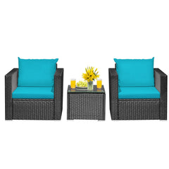 3 Piece Patio Rattan Sofa Set, 2 Black Wicker Sofas Rated 400 lb with Turquoise Cushions and 20 in Tempered Glass Coffee Table