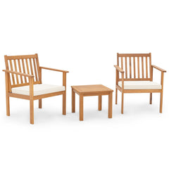 3 Piece Acacia Wood Patio Set, 2 Slatted Armchairs Rated 400 lb with Off White Tied Cushions and a 17.5 in Slatted Coffee Table