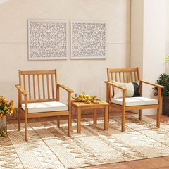 3 Piece Acacia Wood Patio Set, 2 Slatted Armchairs Rated 400 lb with Off White Tied Cushions and a 17.5 in Slatted Coffee Table