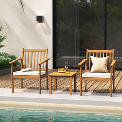 3 Piece Acacia Wood Patio Set, 2 Slatted Armchairs Rated 400 lb with Off White Tied Cushions and a 17.5 in Slatted Coffee Table