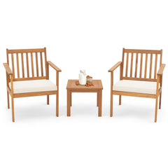 3 Piece Acacia Wood Patio Set, 2 Slatted Armchairs Rated 400 lb with Off White Tied Cushions and a 17.5 in Slatted Coffee Table