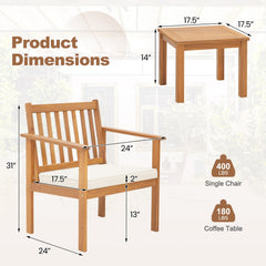 3 Piece Acacia Wood Patio Set, 2 Slatted Armchairs Rated 400 lb with Off White Tied Cushions and a 17.5 in Slatted Coffee Table