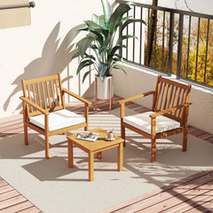 3 Piece Acacia Wood Patio Set, 2 Slatted Armchairs Rated 400 lb with Off White Tied Cushions and a 17.5 in Slatted Coffee Table