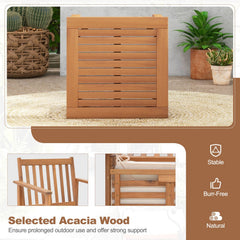 3 Piece Acacia Wood Patio Set, 2 Slatted Armchairs Rated 400 lb with Off White Tied Cushions and a 17.5 in Slatted Coffee Table