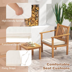 3 Piece Acacia Wood Patio Set, 2 Slatted Armchairs Rated 400 lb with Off White Tied Cushions and a 17.5 in Slatted Coffee Table