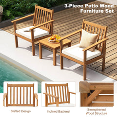 3 Piece Acacia Wood Patio Set, 2 Slatted Armchairs Rated 400 lb with Off White Tied Cushions and a 17.5 in Slatted Coffee Table