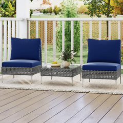 3 Piece Armless Patio Rattan Set, 2 Chairs Rated 400 lb with Navy Back and Seat Cushions and 26 in Tempered Glass Coffee Table