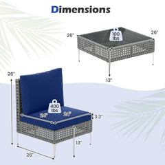 3 Piece Armless Patio Rattan Set, 2 Chairs Rated 400 lb with Navy Back and Seat Cushions and 26 in Tempered Glass Coffee Table