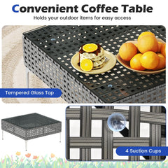 3 Piece Armless Patio Rattan Set, 2 Chairs Rated 400 lb with Navy Back and Seat Cushions and 26 in Tempered Glass Coffee Table