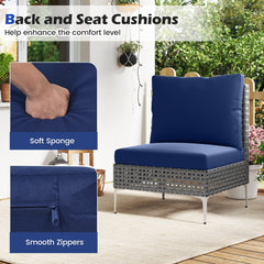 3 Piece Armless Patio Rattan Set, 2 Chairs Rated 400 lb with Navy Back and Seat Cushions and 26 in Tempered Glass Coffee Table