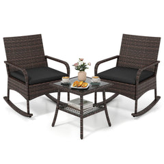 3 Piece PE Wicker Rocking Bistro Set, 2 Rocking Armchairs Rated 400 lb with Black Cushions and 2 Tier Glass Top Side Table