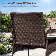 3 Piece PE Wicker Rocking Bistro Set, 2 Rocking Armchairs Rated 400 lb with Black Cushions and 2 Tier Glass Top Side Table