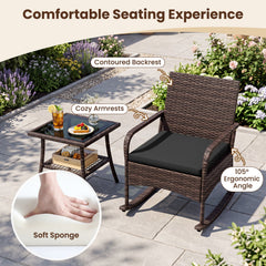 3 Piece PE Wicker Rocking Bistro Set, 2 Rocking Armchairs Rated 400 lb with Black Cushions and 2 Tier Glass Top Side Table
