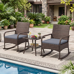 3 Piece PE Wicker Rocking Bistro Set, 2 Rocking Armchairs Rated 400 lb with Grey Cushions and 2 Tier Glass Top Side Table