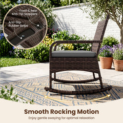 3 Piece PE Wicker Rocking Bistro Set, 2 Rocking Armchairs Rated 400 lb with Grey Cushions and 2 Tier Glass Top Side Table