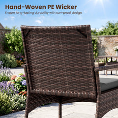 3 Piece PE Wicker Rocking Bistro Set, 2 Rocking Armchairs Rated 400 lb with Grey Cushions and 2 Tier Glass Top Side Table