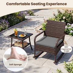 3 Piece PE Wicker Rocking Bistro Set, 2 Rocking Armchairs Rated 400 lb with Grey Cushions and 2 Tier Glass Top Side Table