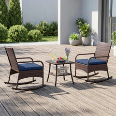 3 Piece PE Wicker Rocking Bistro Set, 2 Rocking Armchairs Rated 400 lb with Navy Cushions and 2 Tier Glass Top Side Table