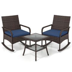 3 Piece PE Wicker Rocking Bistro Set, 2 Rocking Armchairs Rated 400 lb with Navy Cushions and 2 Tier Glass Top Side Table