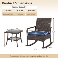 3 Piece PE Wicker Rocking Bistro Set, 2 Rocking Armchairs Rated 400 lb with Navy Cushions and 2 Tier Glass Top Side Table