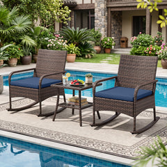 3 Piece PE Wicker Rocking Bistro Set, 2 Rocking Armchairs Rated 400 lb with Navy Cushions and 2 Tier Glass Top Side Table