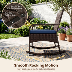 3 Piece PE Wicker Rocking Bistro Set, 2 Rocking Armchairs Rated 400 lb with Navy Cushions and 2 Tier Glass Top Side Table