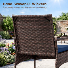 3 Piece PE Wicker Rocking Bistro Set, 2 Rocking Armchairs Rated 400 lb with Navy Cushions and 2 Tier Glass Top Side Table