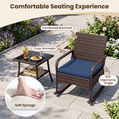 3 Piece PE Wicker Rocking Bistro Set, 2 Rocking Armchairs Rated 400 lb with Navy Cushions and 2 Tier Glass Top Side Table