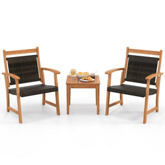 3 Piece Acacia Wood Bistro Set, 2 Armchairs with Brown Wicker Seats and Backs and a Square Acacia Side Table