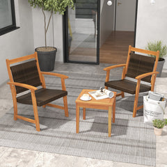 3 Piece Acacia Wood Bistro Set, 2 Armchairs with Brown Wicker Seats and Backs and a Square Acacia Side Table