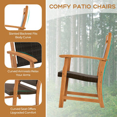 3 Piece Acacia Wood Bistro Set, 2 Armchairs with Brown Wicker Seats and Backs and a Square Acacia Side Table