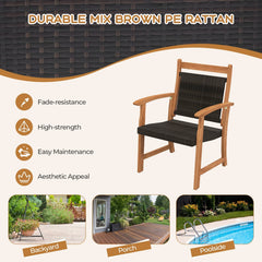 3 Piece Acacia Wood Bistro Set, 2 Armchairs with Brown Wicker Seats and Backs and a Square Acacia Side Table