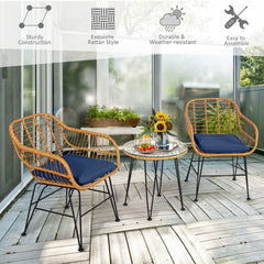 3 Piece Patio Rattan Bistro Set, 2 Open Weave Tub Chairs Rated 400 lb with Navy Cushions and a 19.5 in Round Glass Table